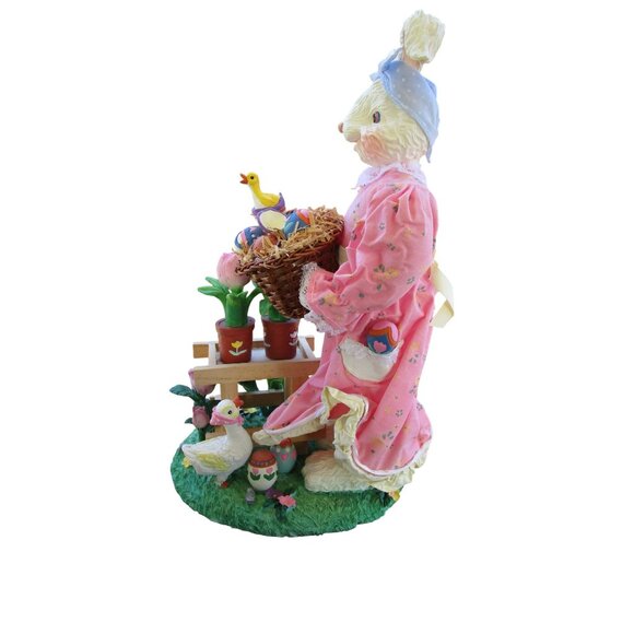 Fabric Mache Mrs. Easter Bunny Figurine With Tulips Eggs Duckling GUC - Picture 4 of 16